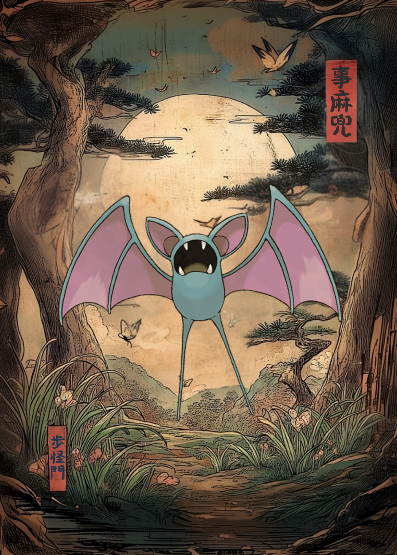 Zubat Pokemon character in a stylized Japanese landscape with moon and trees.