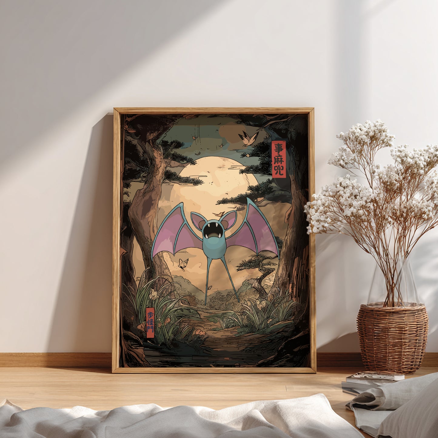 Framed artwork of Zubat Pokemon in a natural setting on a wall.