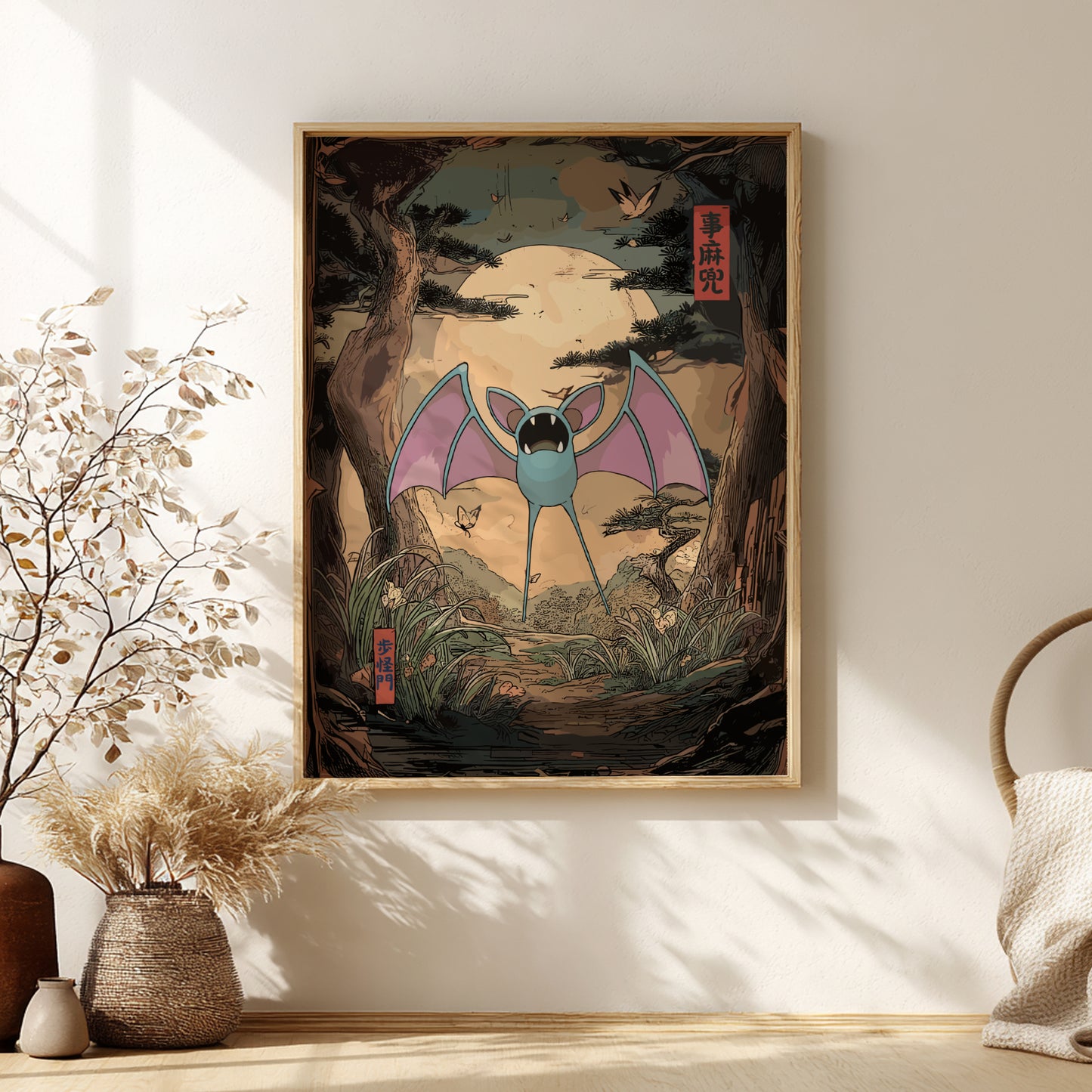 Framed artwork of Zubat Pokemon in a forest setting on a wall with decorative elements.