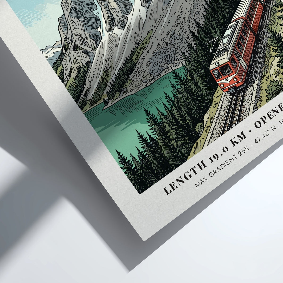 Poster of the Zugspitze railway winding through the Bavarian Alps near a lake
