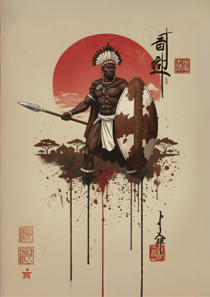 Illustration of a warrior holding a spear and shield against a red sun background