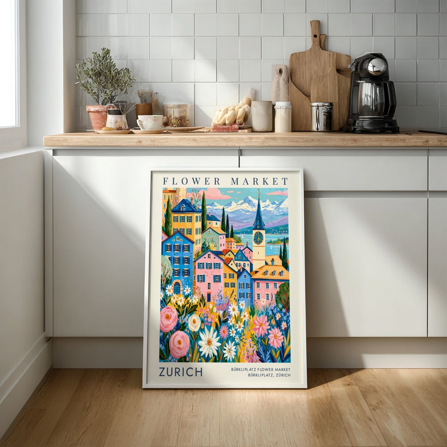 Vibrant travel poster featuring Zurich's flower market and colorful cities