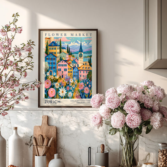 Vibrant travel poster featuring Zurich's flower market and colorful cities