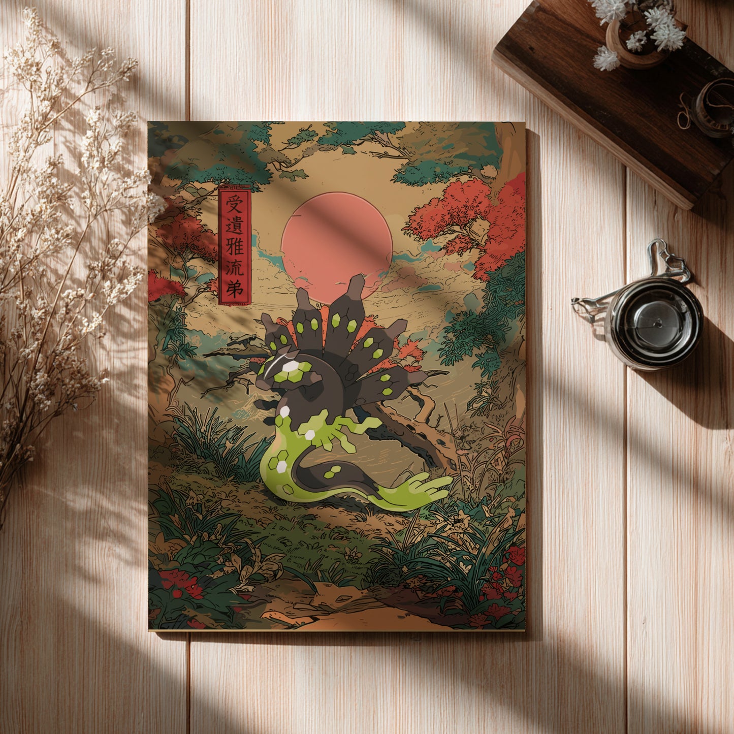 Decorative notebook with a Zygarde Pokemon design on a wooden surface