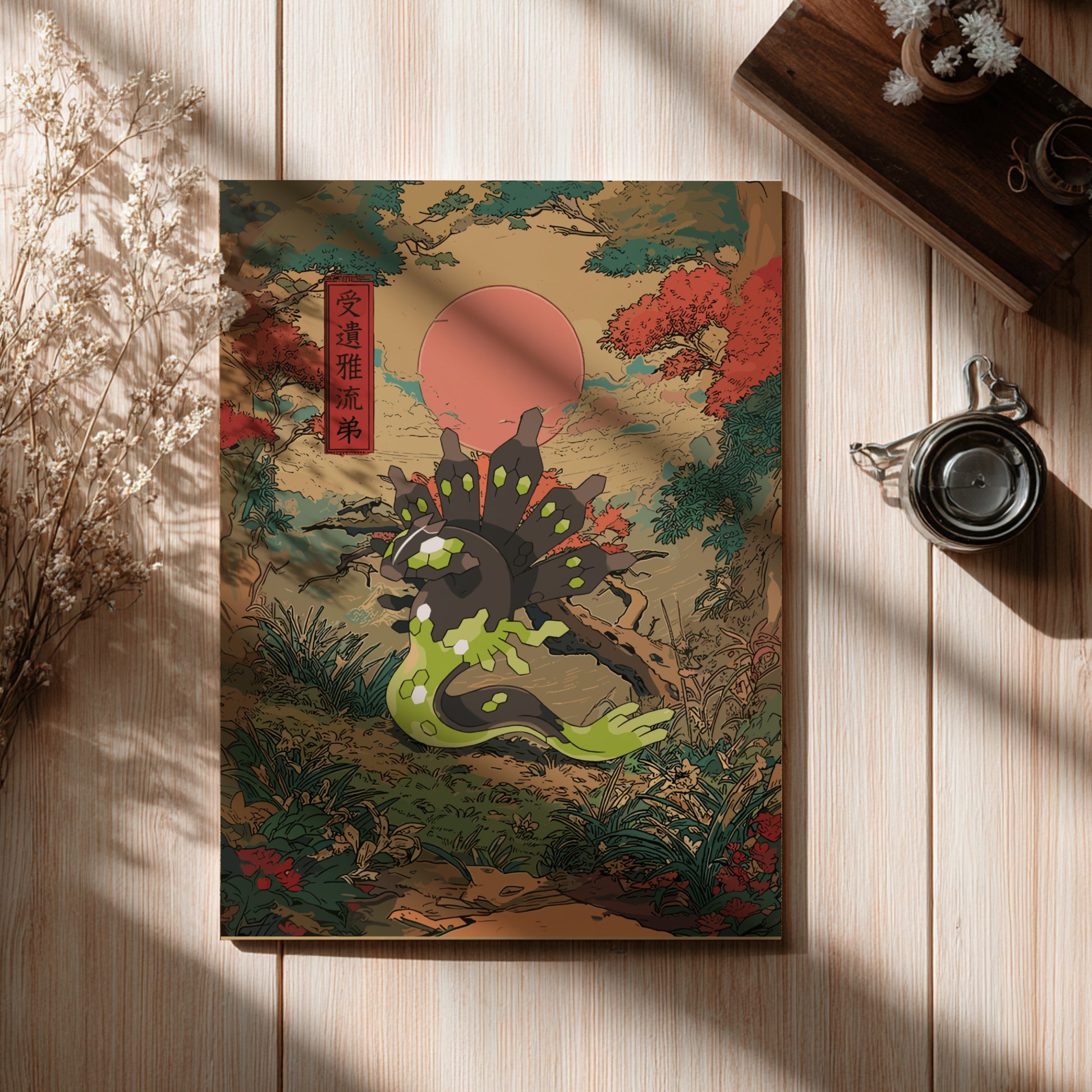 Decorative notebook with a Zygarde Pokemon design on a wooden surface