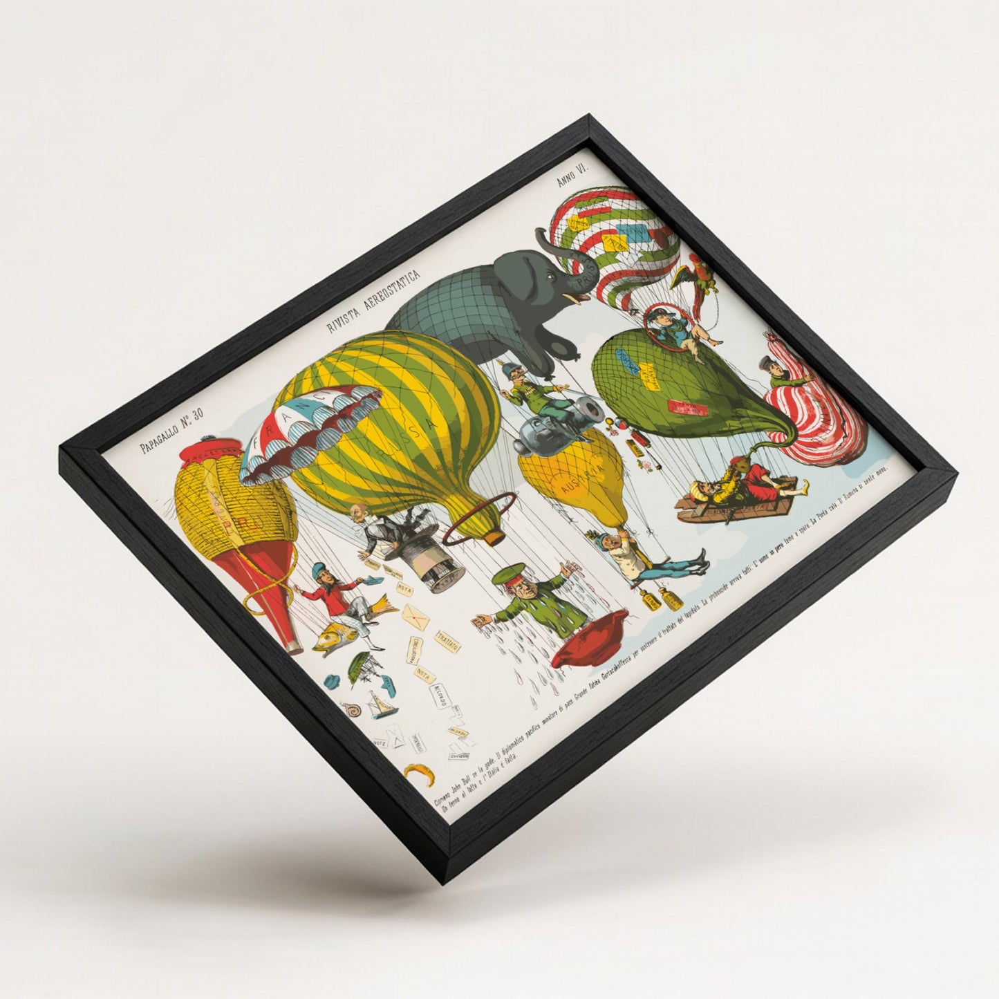 Vintage Italian chromolithograph drawing "Rivista Aerostatica" by Augusto Gross featuring hot air balloons