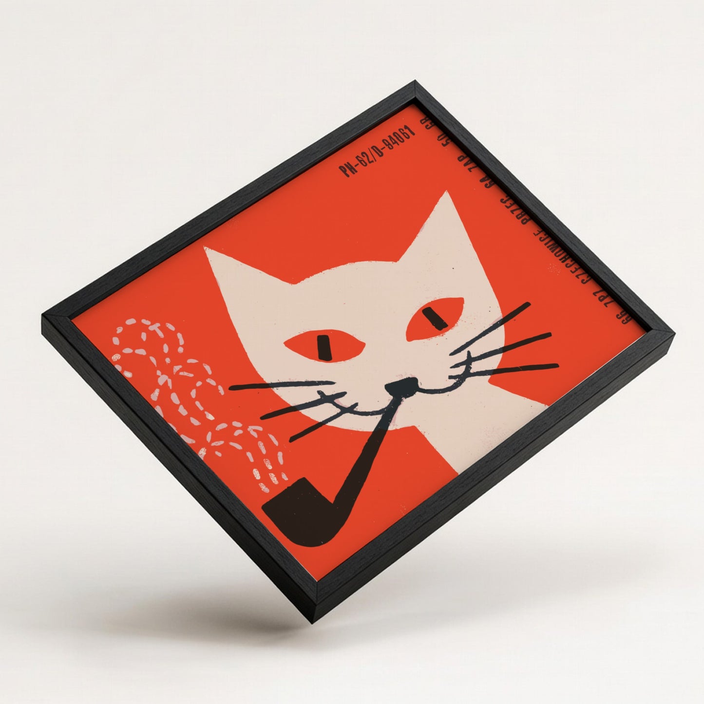 Vintage Polish poster of a cream cat smoking a pipe against a red background, mid-century graphic design.