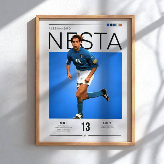 Alessandro Nesta poster featuring vibrant blue colors and modern design, celebrating Italian football legend.