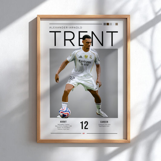 Trent Alexander-Arnold poster in Real Madrid shirt, vibrant colors, modern design, sports wall art