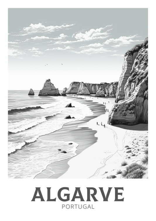 Affiche de voyage noir et blanc de l'Algarve – Portugal Artwork