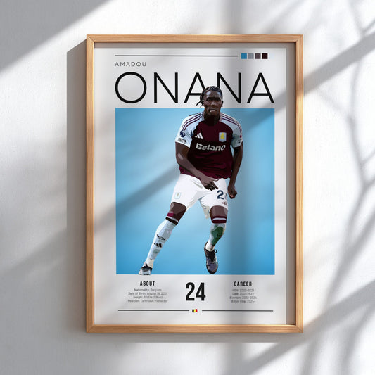 Football poster of Amadou Onana in Aston Villa shirt, vibrant colors and modern design for sports enthusiasts
