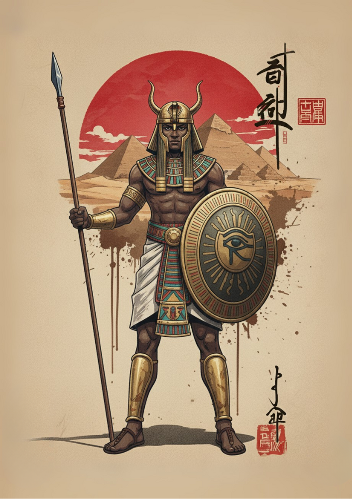 Egyptian Warrior Art Print – Japanese Ink Sumi-e Rising Sun Poster