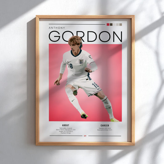 Anthony Gordon poster featuring England national team design with vibrant colors and dynamic style