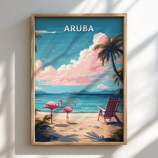 Aruba Beach Poster – Flamingos on Tropical Shore - Light Framed Poster
