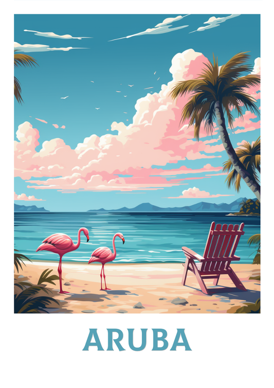 Affiche tropicale d'Aruba – Flamants roses et océan