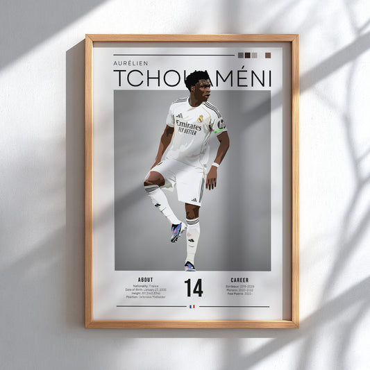 Real Madrid player poster featuring Aurélien Tchouaméni in a dynamic pose with a sleek color palette