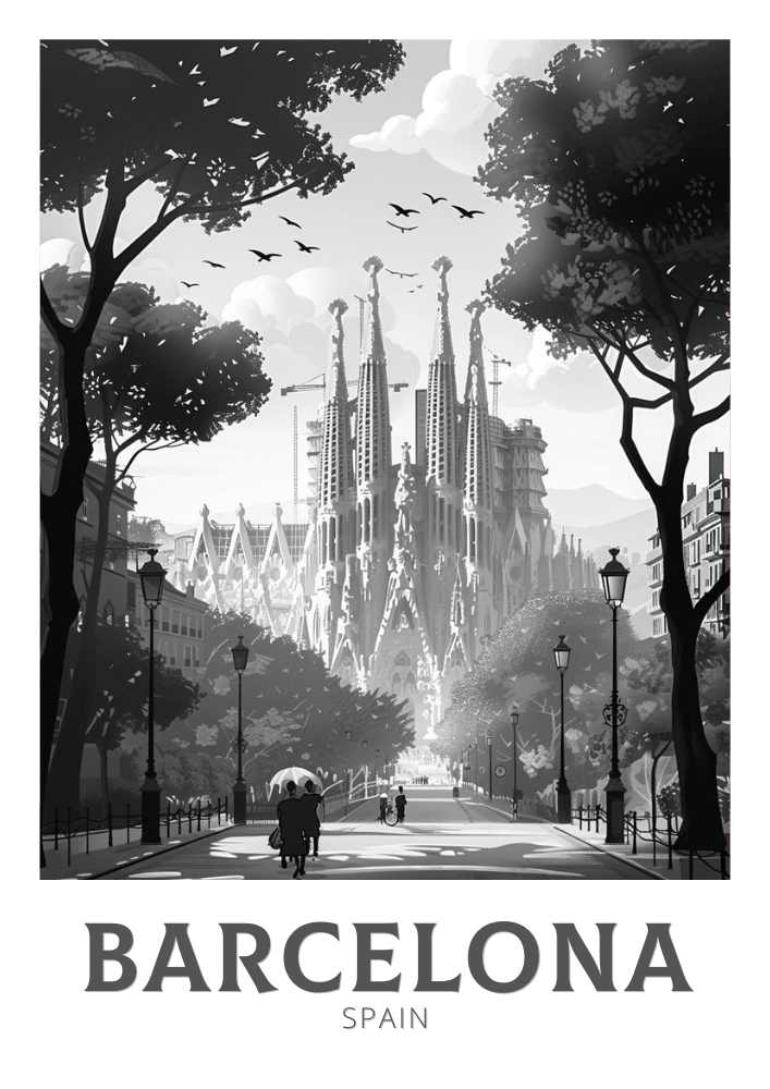 Barcelona Black and White Travel Poster - Spain Artwork