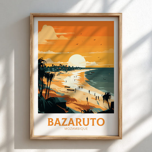 Framed artwork of a beach scene with 'Bazaruto Mozambique' text on a white wall.