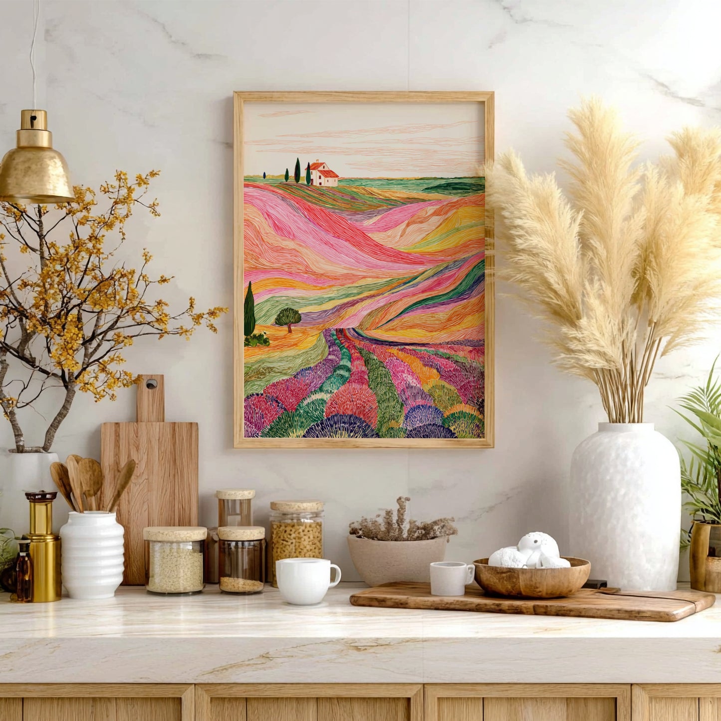 Lavender fields poster with vibrant, textured rows of purple, pink, and yellow flowers leading to a