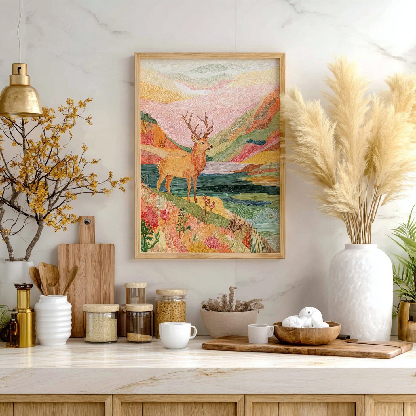 Bog Stag Storm landscape poster with a stag on a colorful hillside overlooking water.