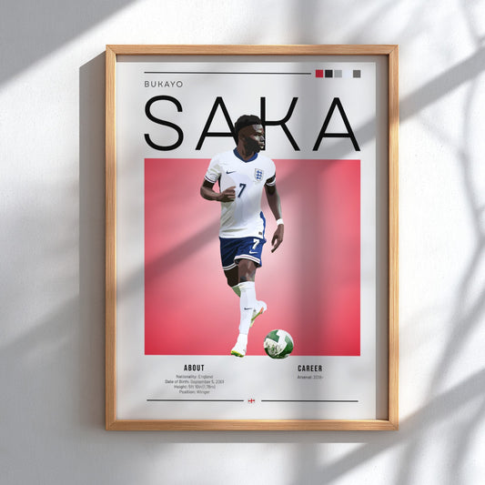 Bukayo Saka poster featuring England national team colors and dynamic action style