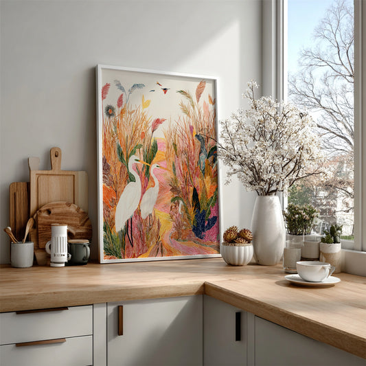 Salt Marsh Egret art print with two white egrets in a textured, colorful marsh landscape.