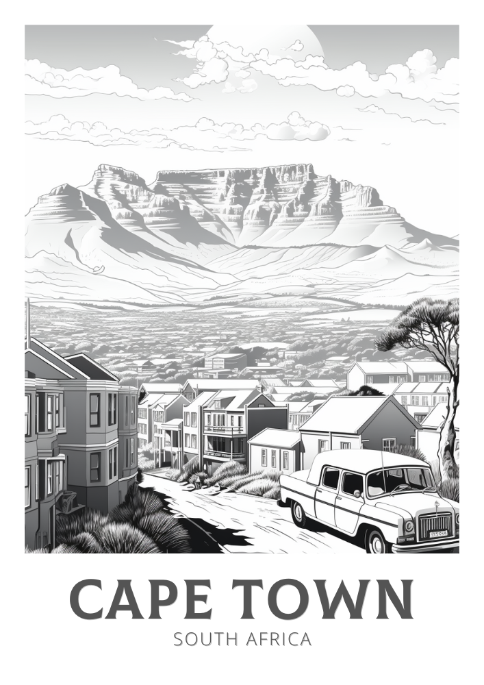 Cape Town Black and White Travel Poster - South Africa Artwork