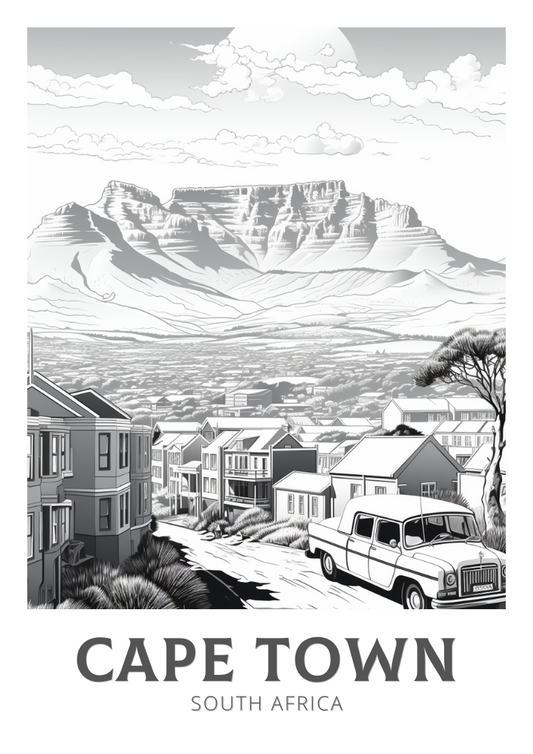 Affiche de voyage noir et blanc du Cap - Illustration d'Afrique du Sud