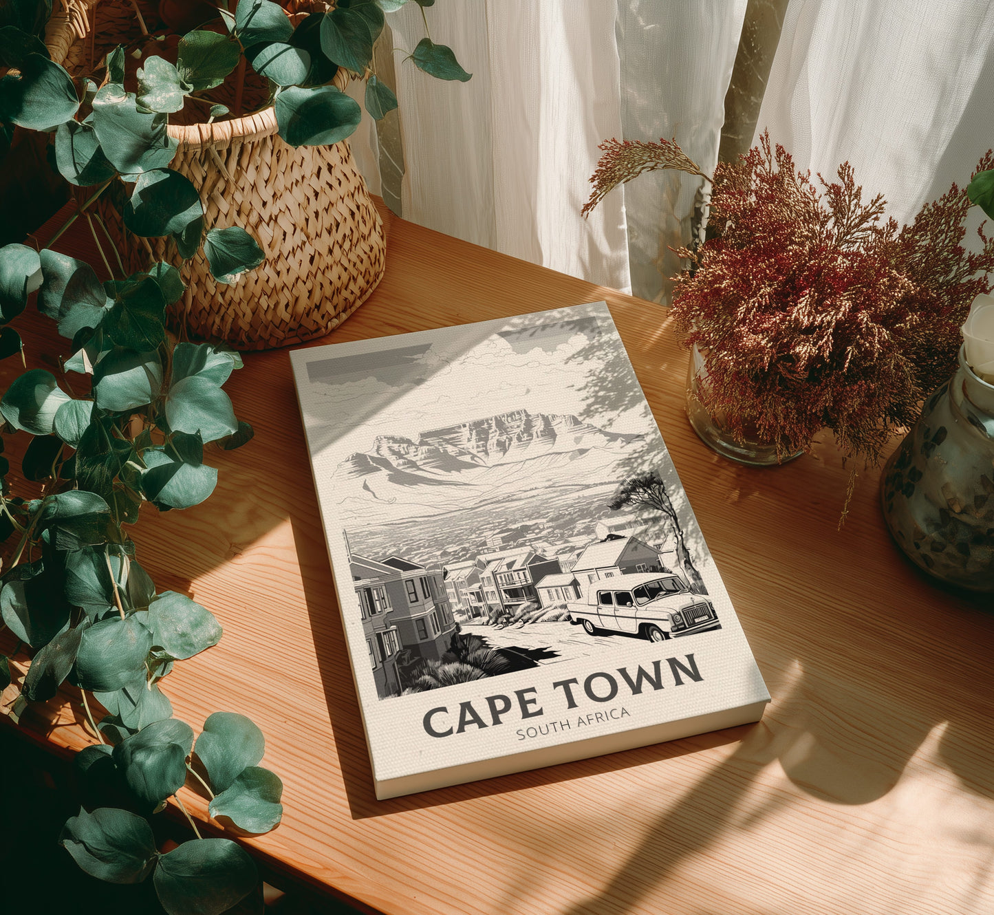 Canvas 'Cape Town, South Africa' on a wooden table with plants.