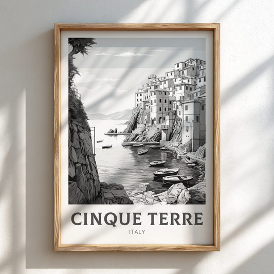Cinque Terre Schwarz-Weiß-Reiseposter – Italien-Kunstwerk