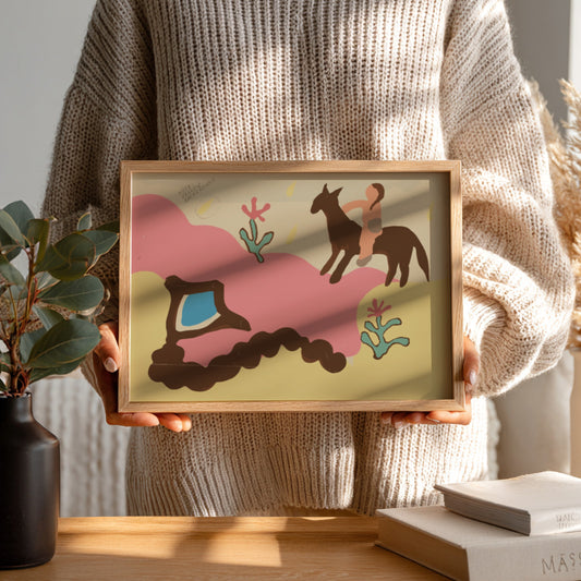 Majel G. Claflin's Colcha drawing featuring a person on horseback, folk art style, pink and yellow palette.
