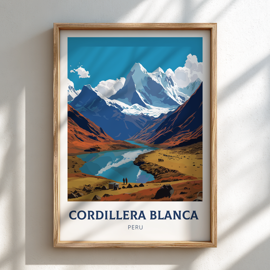 Framed artwork of a mountain landscape with 'Cordillera Blanca, Peru' text on a white wall.