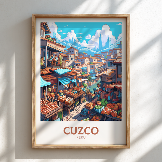 Framed artwork of Cuzco, Peru with a colorful depiction of a market scene.