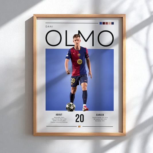 Dani Olmo illustration featuring vibrant colors and dynamic pose, perfect for sports art and wall decor.