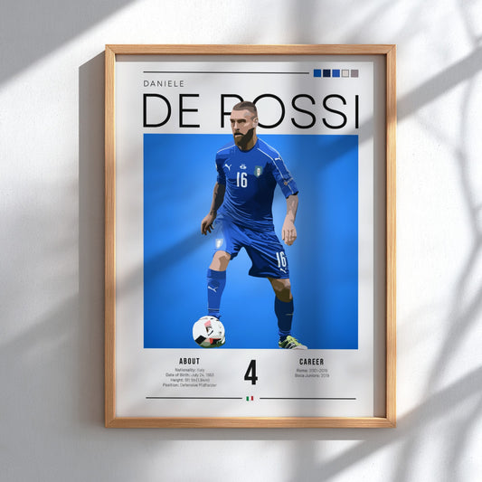 Daniele De Rossi poster featuring vibrant blue colors and dynamic football action, celebrating an Italian