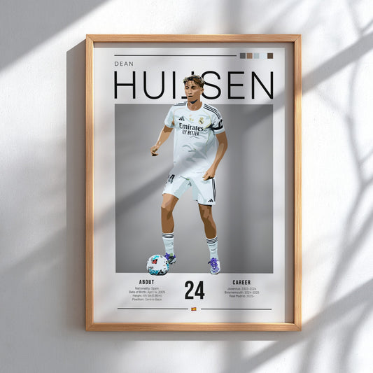 Real Madrid football player poster featuring Dean Huijsen in vibrant colors and modern design