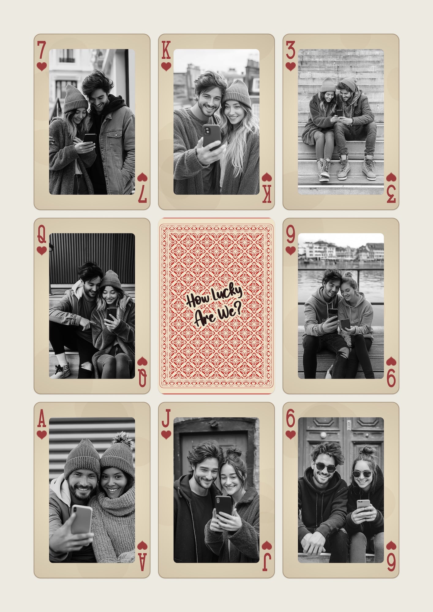 A set of nine greeting cards arranged in a 3x3 grid on a light beige background. The cards feature black-and-white photos of couples taking selfies, with the center card showing a pink patterned back design and the text 'How lucky Are We?'.