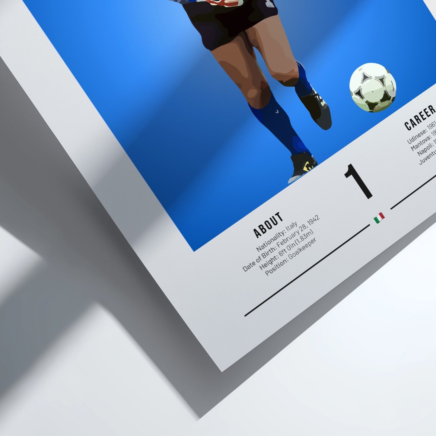 Dino Zoff poster featuring vibrant blue background and goalkeeper design, showcasing Italian football legend
