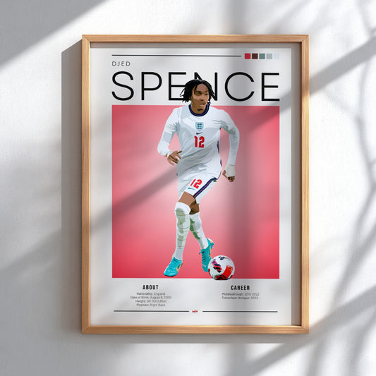 Djed Spence poster featuring England National Team colors and dynamic action pose