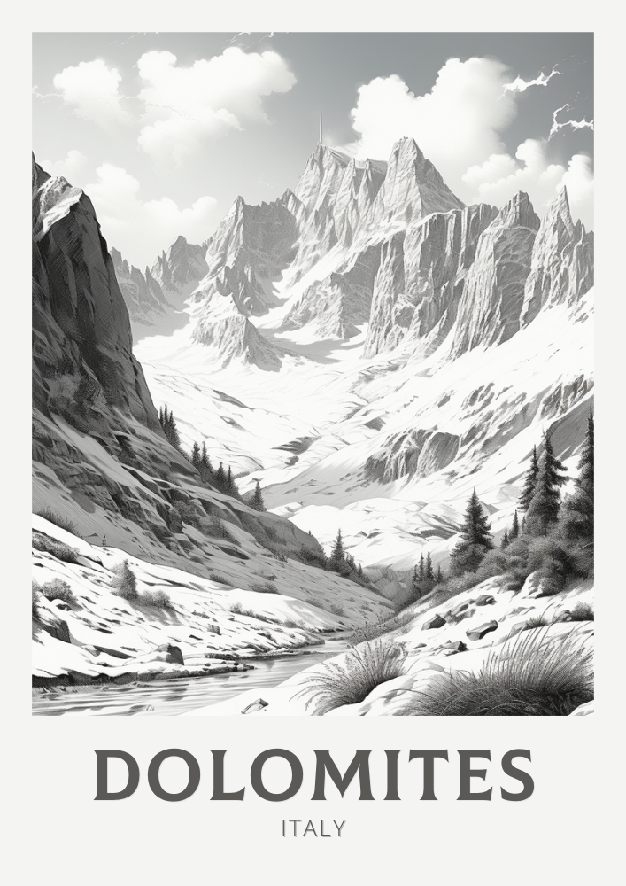 Dolomites Black and White Travel Poster - Italy Artwork