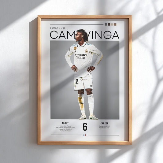 Eduardo Camavinga poster in Real Madrid football shirt, vibrant colors, modern design, sports wall art
