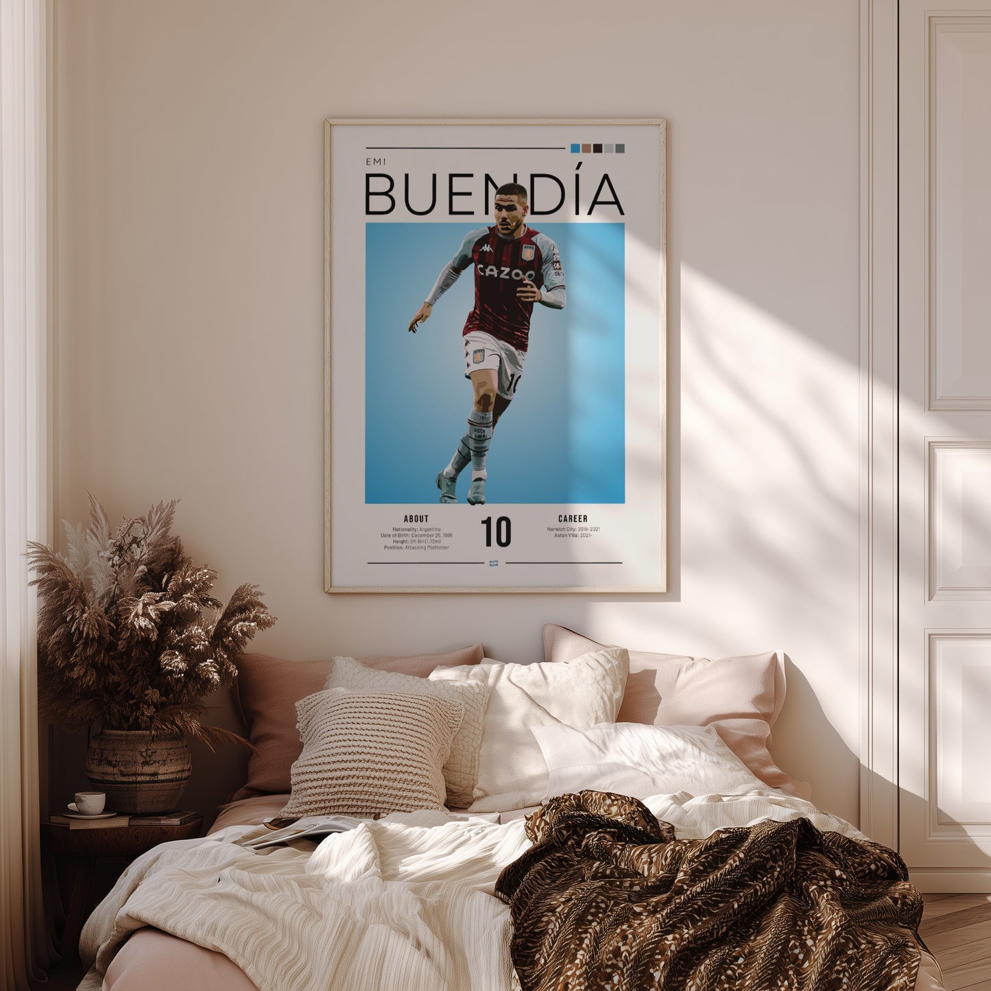 Emi Buendía football poster featuring Aston Villa shirt, vibrant blue background, modern sports art