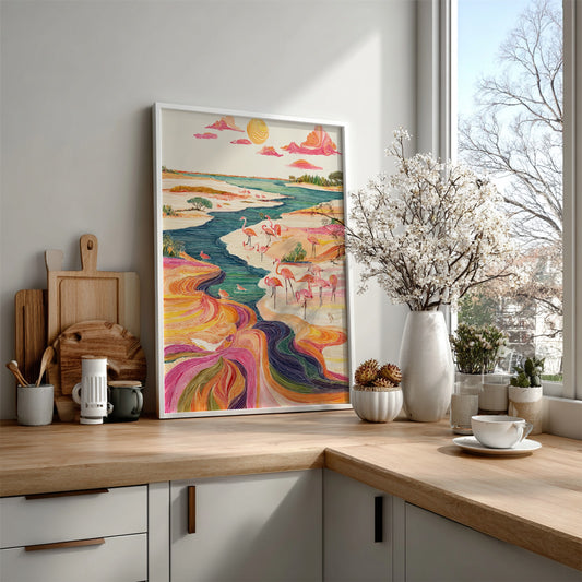 Vibrant art print of flamingos by a colorful river, with a stylized sun and clouds.