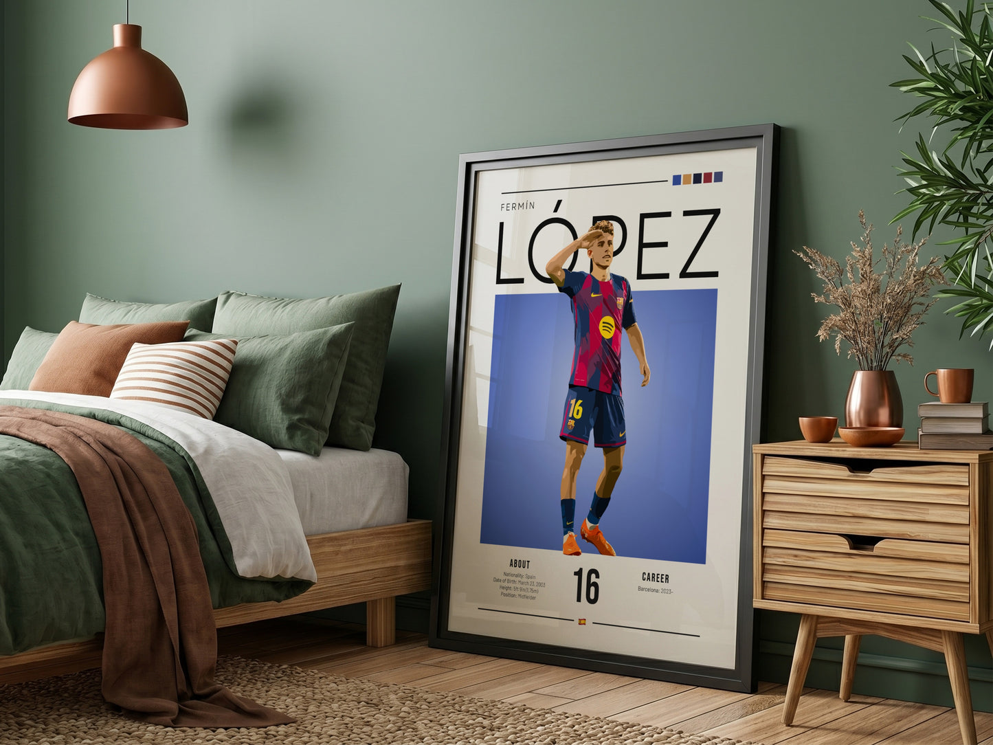 Fermín López art print featuring vibrant colors and dynamic pose in Barcelona kit, perfect for sports