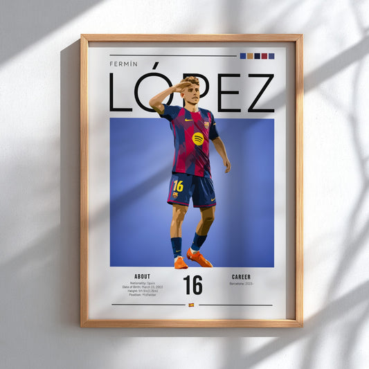 Fermín López art print featuring vibrant colors and dynamic pose in Barcelona kit, perfect for sports