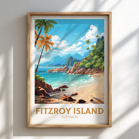 Framed artwork of a tropical beach scene with 'Fitzroy Island, Australia' text.