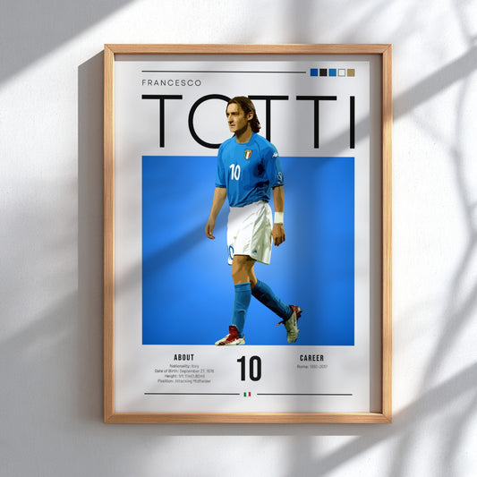 Francesco Totti poster featuring vibrant blue jersey and dynamic pose, celebrating Italian football legend.