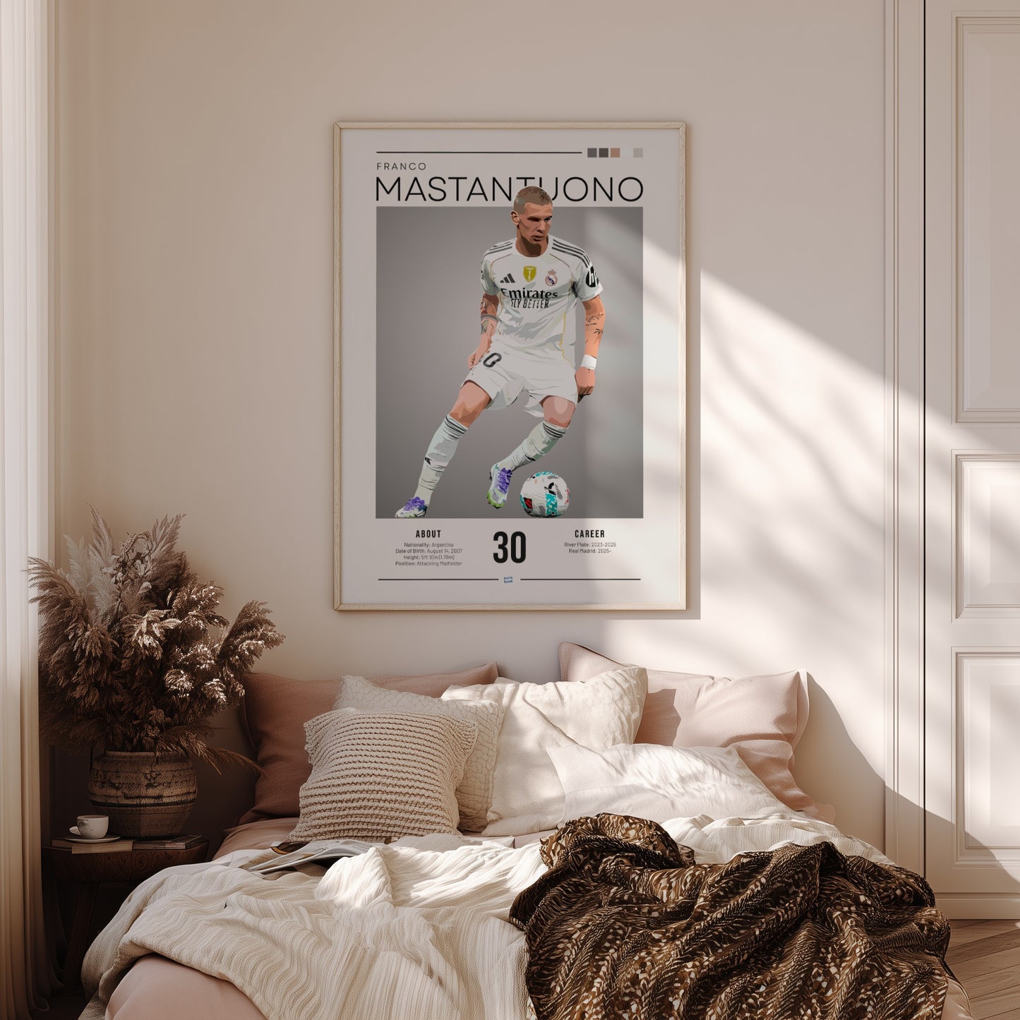 Franco Mastantuono poster featuring Real Madrid football shirt, vibrant colors, dynamic design, sports wall