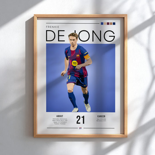 Frenkie De Jong art print featuring vibrant colors and modern illustration style, perfect for football fans.