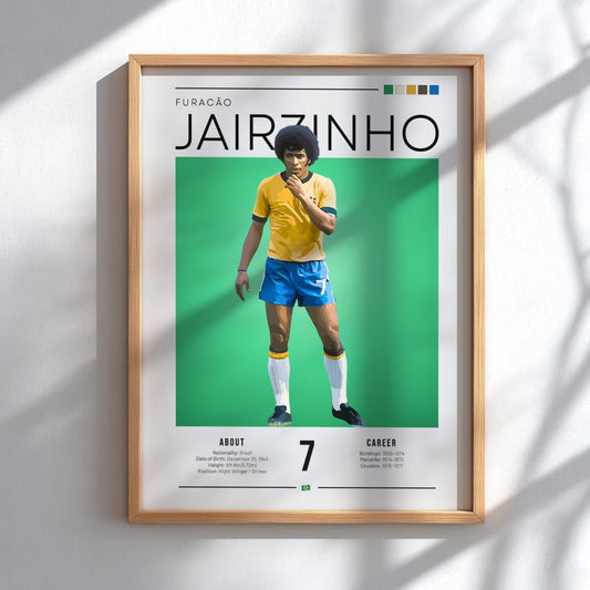 Jairzinho football art print featuring vibrant colors and dynamic pose, perfect for sports decor.